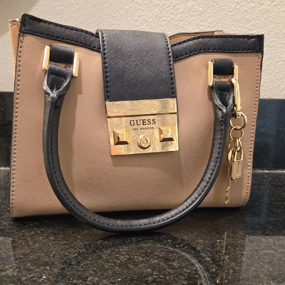 GUESS Black and Tan Satchel with Gold Accents